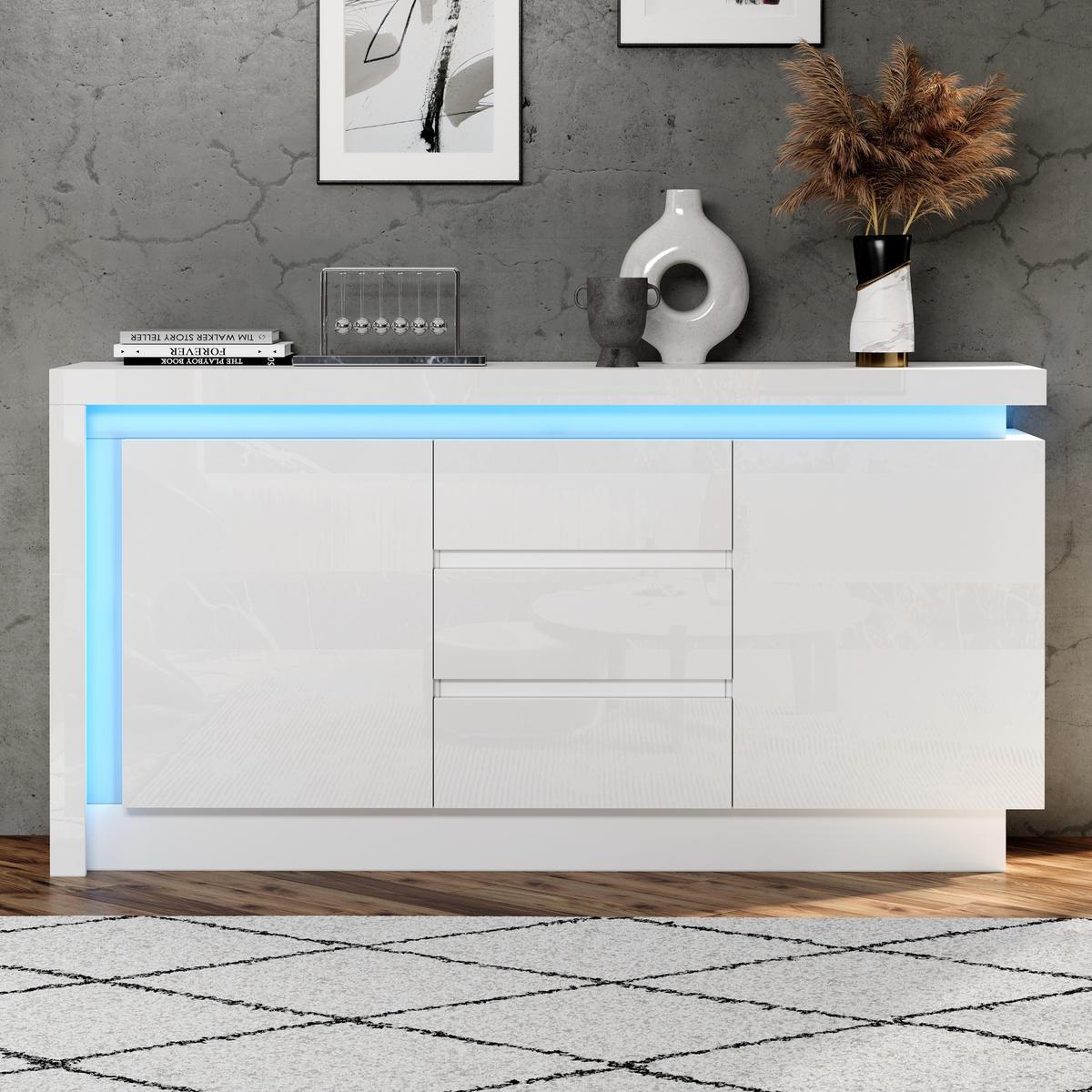 SIDEBOARD in Weiß Sideboard Kommode mit LED, verstellbaren Einlegeböden für Wohn- & Schlafzimmer, B140/T35/H72cm - Weiß, Holzwerkstoff/Metall (140/72/35cm) - STILVORA