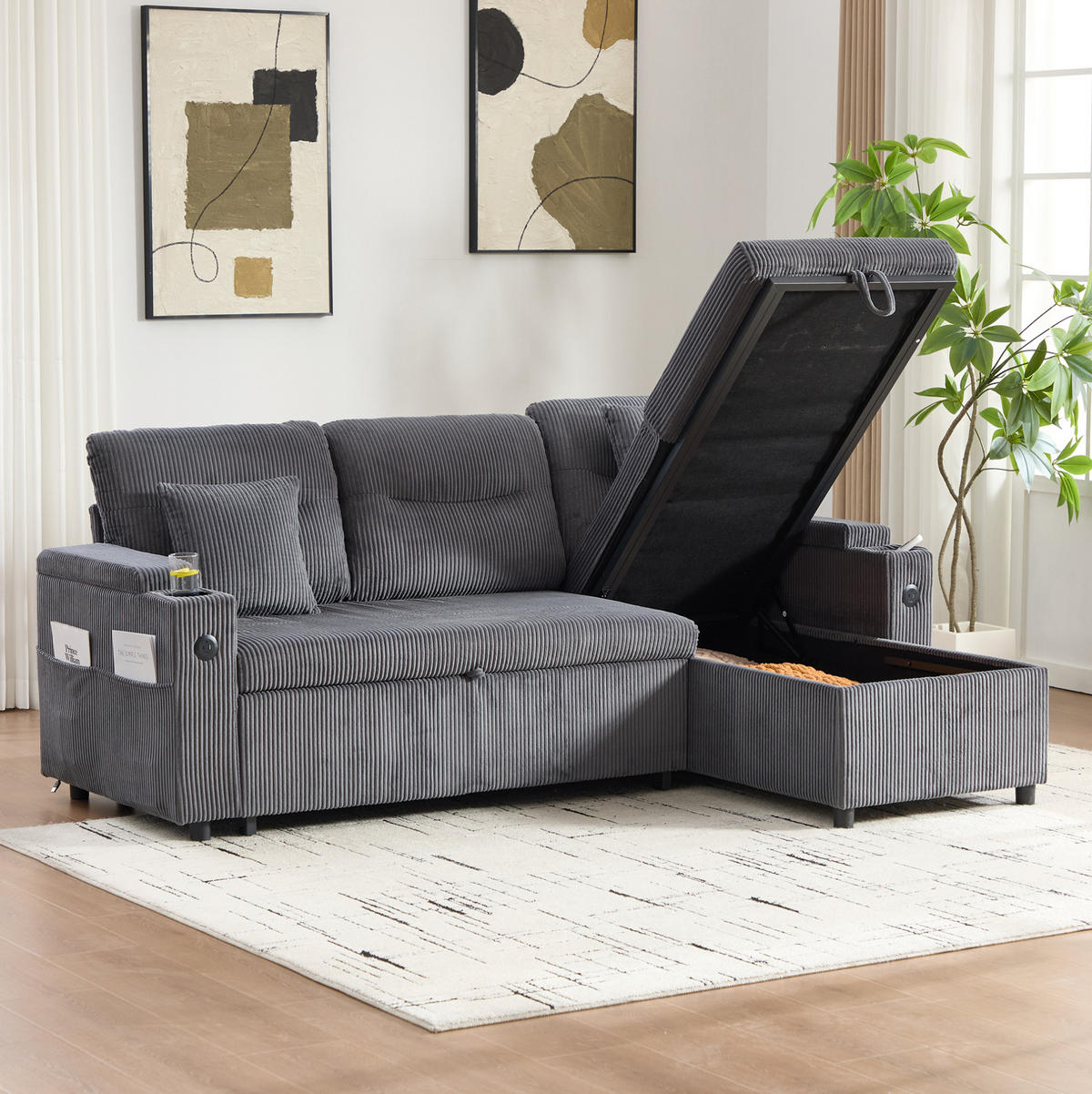 ECKSCHLAFSOFA 3-Sitzer Cord mit Stauraum Schubladenbett und USB-Anschluss Kohlegrau 212,5/136/86 cm - Grau, Textil (136/212.5cm) - Redom