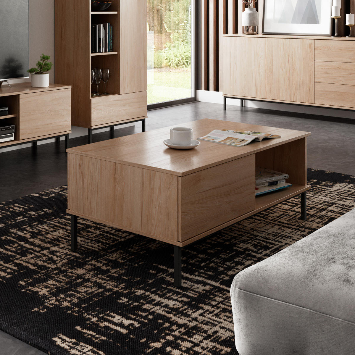 COUCHTISCH Dallas 100x60 cm Hikora - Eichefarben/Schwarz, Holzwerkstoff/Metall (60/100/47cm) - Ravio
