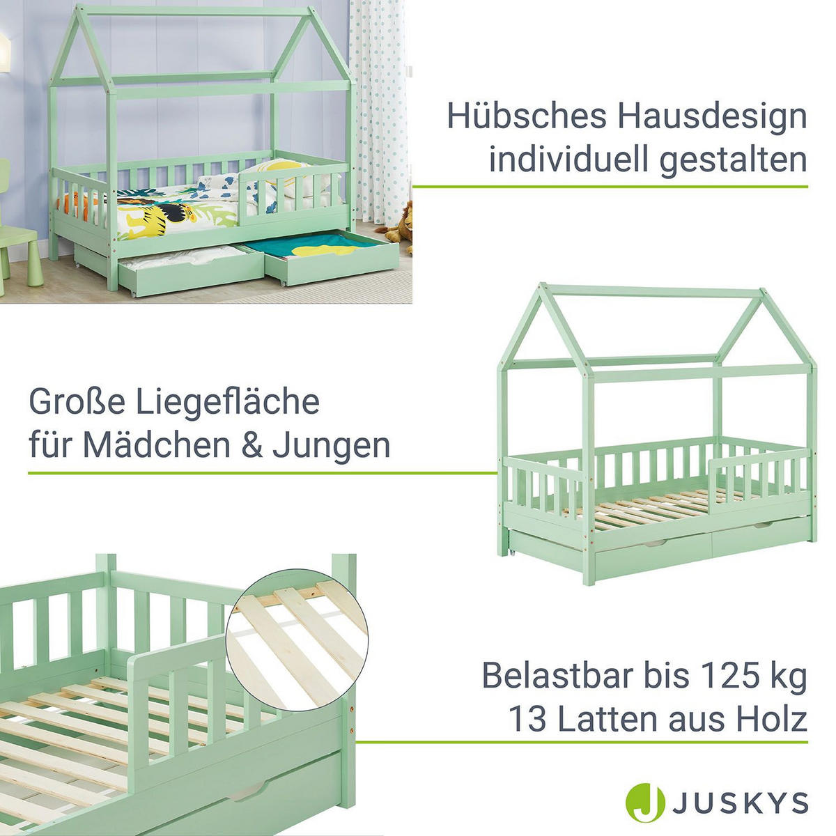 KINDERBETT Marli mint 80x160 cm mit Bettkasten und Matratze - Mintgrün, Holz (80/160cm) - Juskys