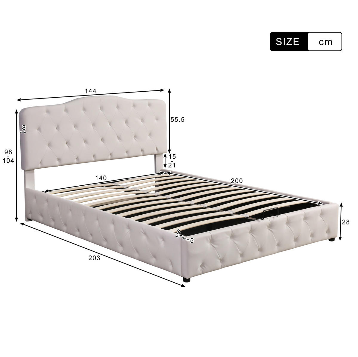 POLSTERBETT 140/200 cm Weiß mit Stauraum und höhenverstellbarem Kopfteil aus PU - Weiß, Kunststoff (140/200cm) - OKWISH