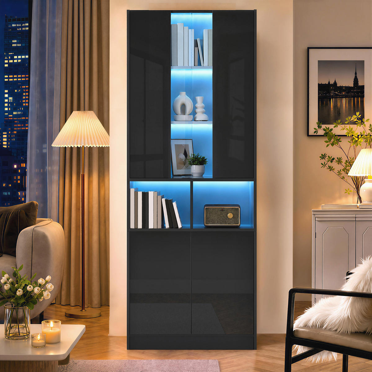 HOCHSCHRANK mit Acrylglas, LED und 2 Türen - Schwarz, Holzwerkstoff (70/180/35cm) - FLIEKS