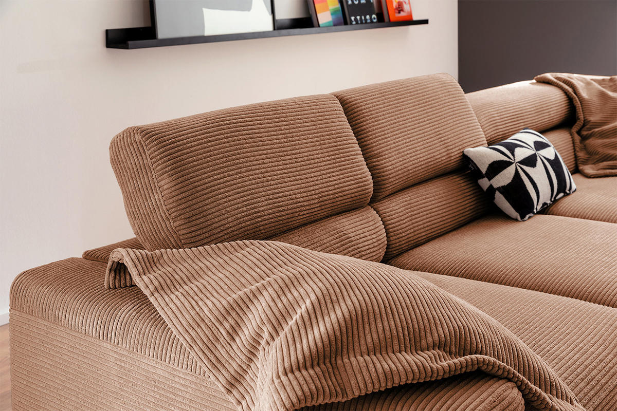 ECKSOFA DELIA Braun Cord - Dunkelbraun/Schwarz, Textil/Metall (312/219cm) - KAWOLA