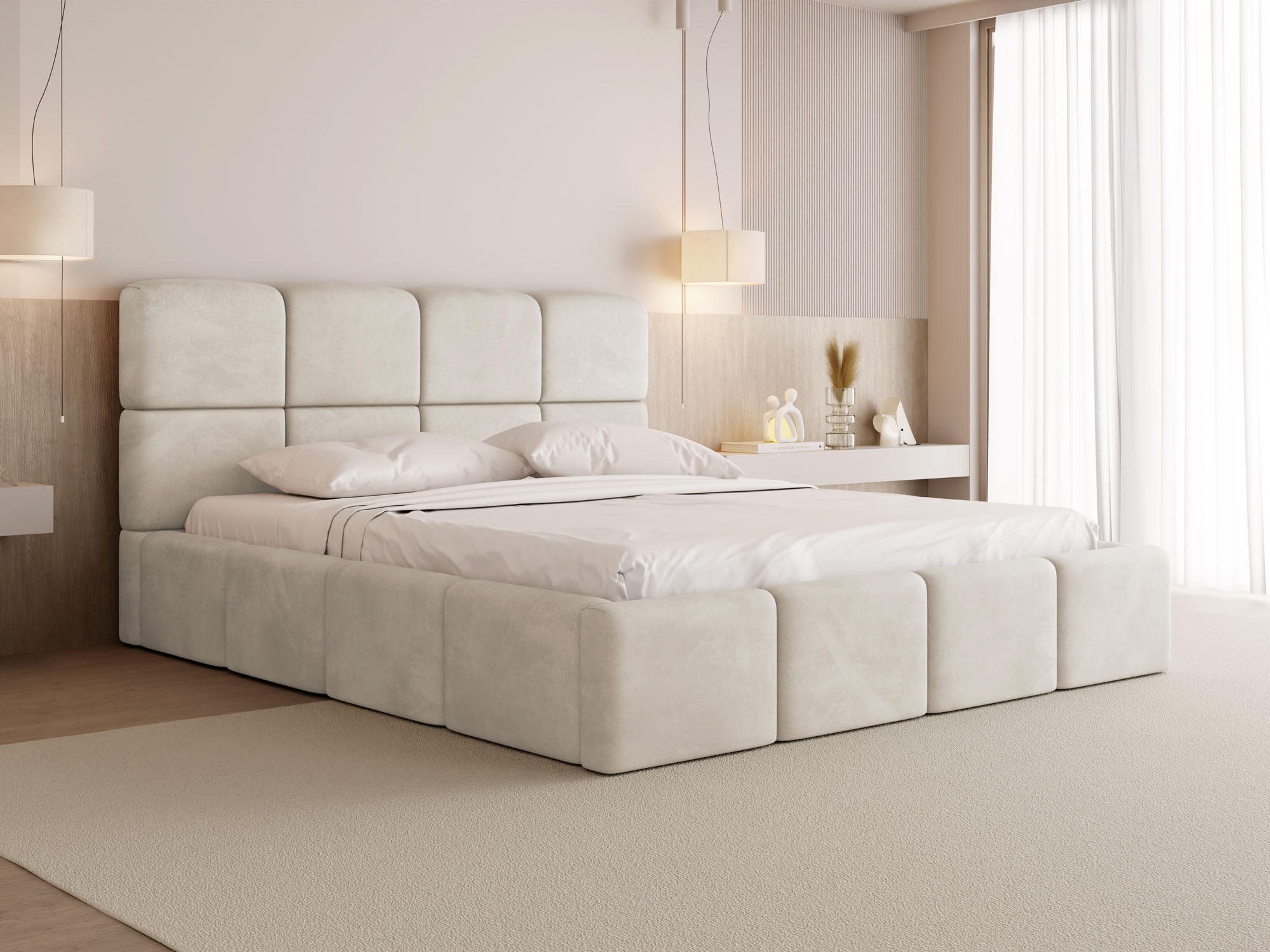 POLSTERBETT Tivio mit Bettkasten, Creme Samt 180x200 cm - Birkefarben/Creme, Holz/Holzwerkstoff (180/200cm) - WFL GROUP