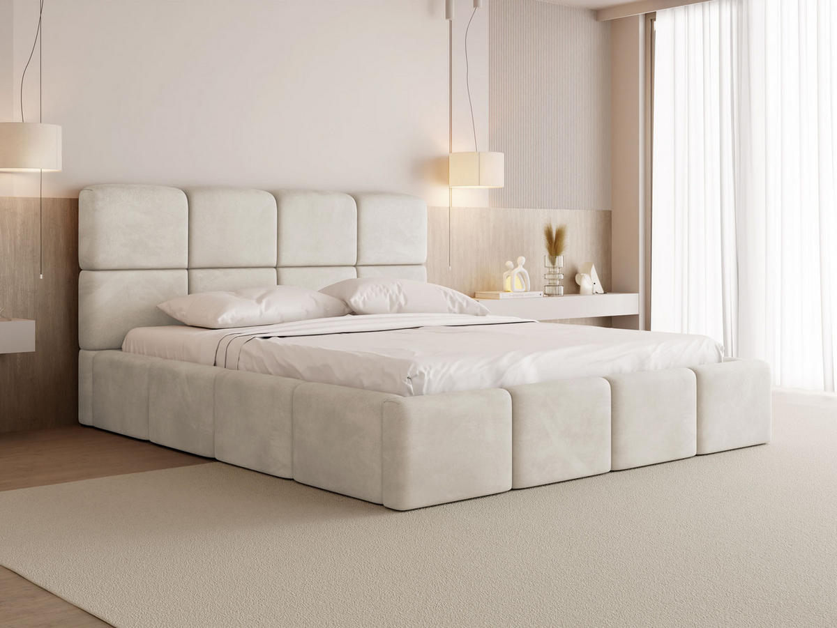 POLSTERBETT Tivio mit Bettkasten, Creme Samt 160x200 cm - Birkefarben/Creme, Holz/Holzwerkstoff (160/200cm) - WFL GROUP