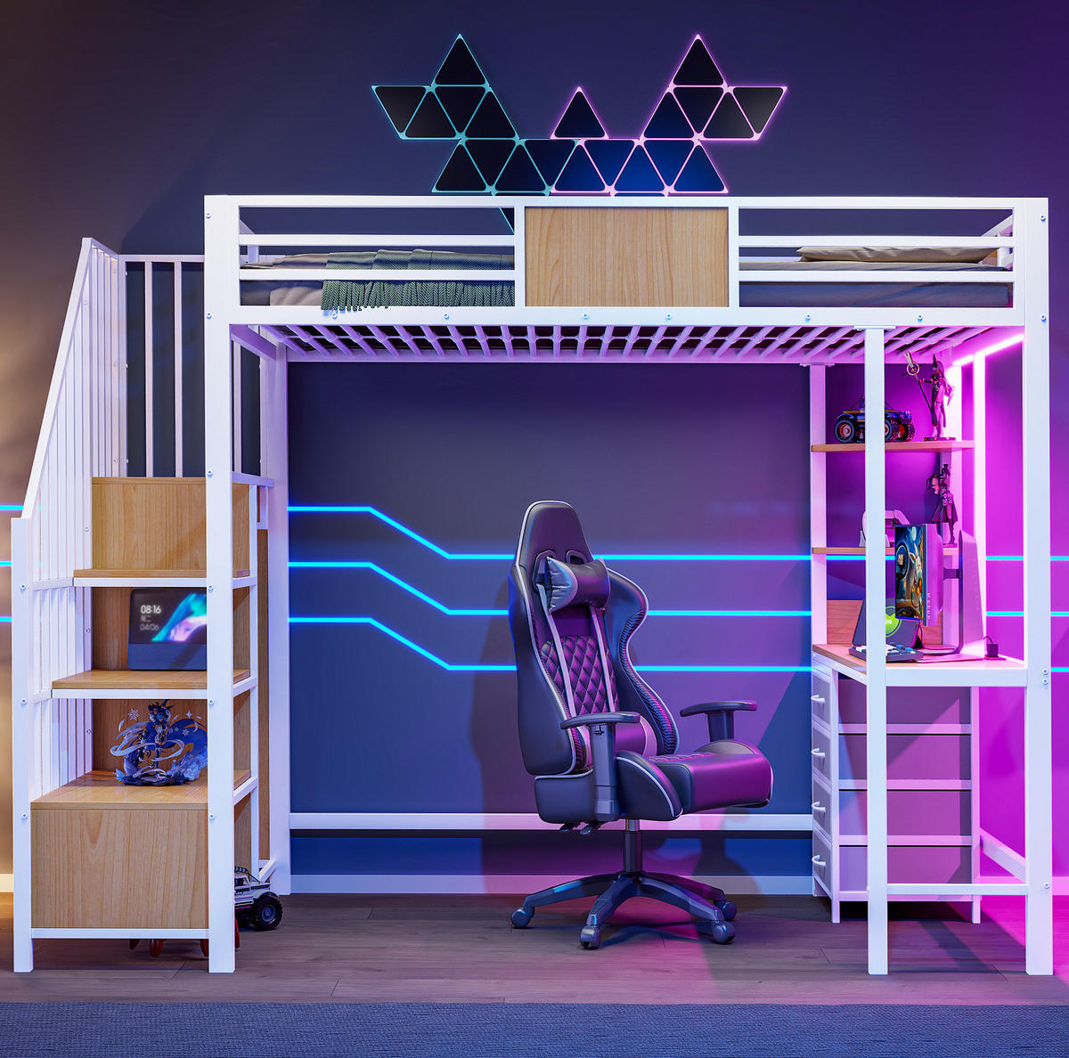 HOCHBETT 90/200 cm mit Schreibtisch, Ablagefächern, Kleiderstange, LED-Beleuchtung und Steckdose, Weiß - Weiß, Metall (90/200cm) - Redom