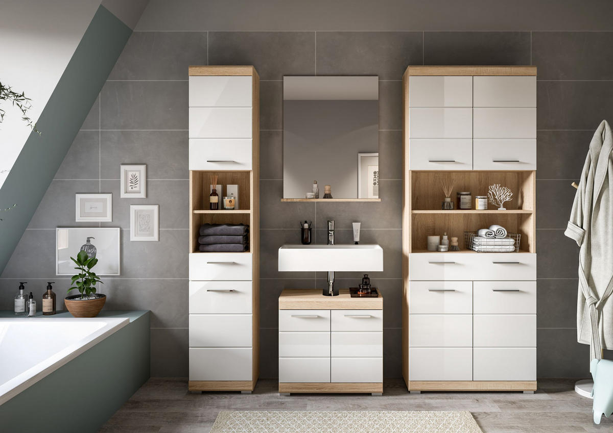 HOCHSCHRANK breit Lambada Bad in Sonoma Eiche hell und weiß hochglanz B/H/T: 74x191x31 cm - Sonoma Eiche, Holz (74/191/31cm)