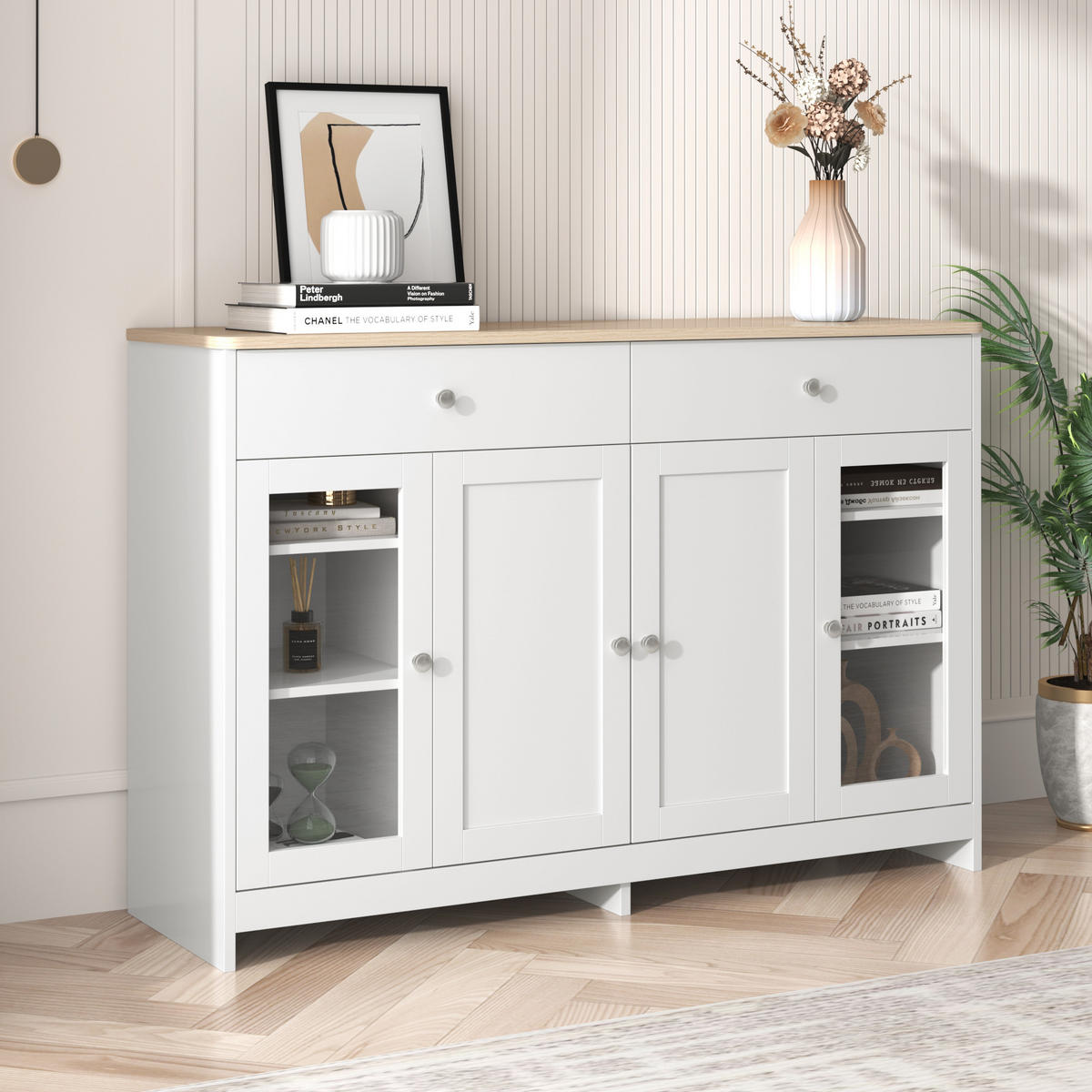SIDEBOARD 120/37/80 cm mit 4 Türen, 2 Schubladen & Glaseinsatz im Landhausstil - Weiß, Holzwerkstoff (120/80/37cm) - BEAOK