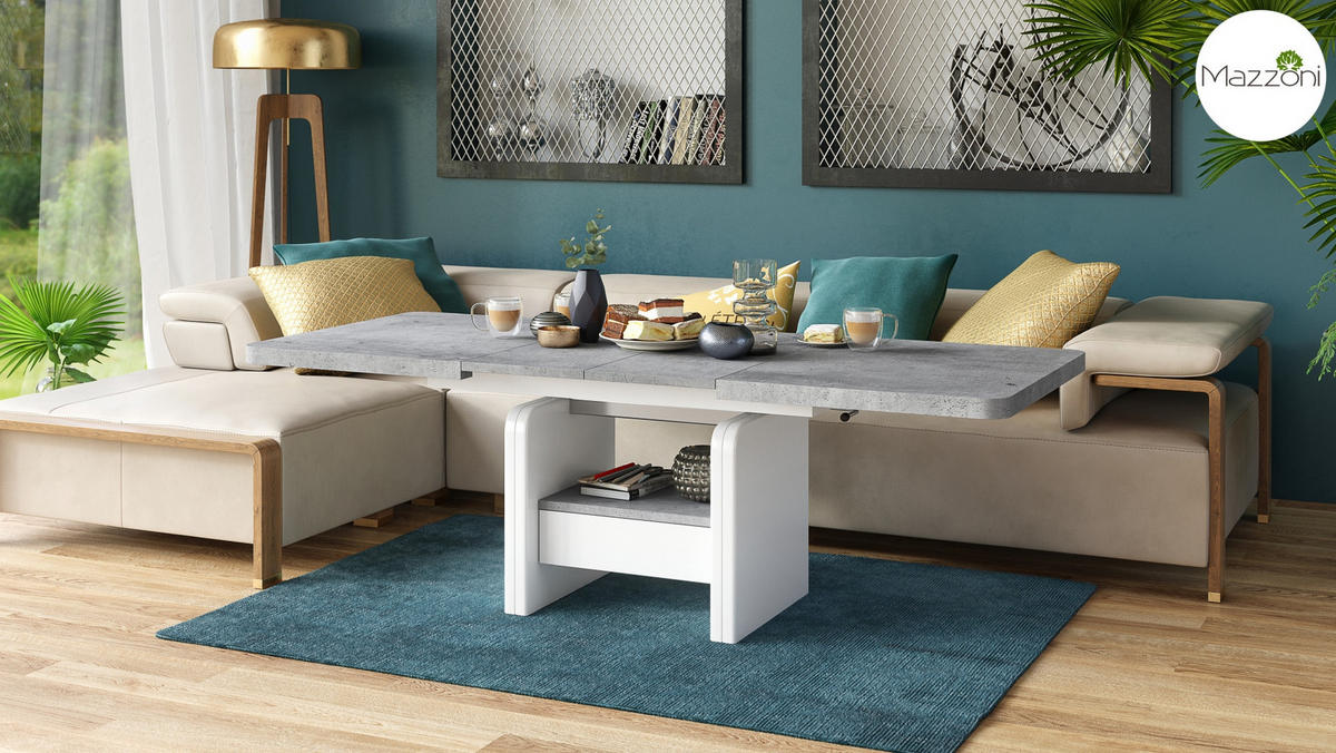 COUCHTISCH rechteckig Beton - Weiß höhenverstellbar ausziehbar - Hellgrau/Weiß, Holzwerkstoff (75/180/75cm) - designimpex