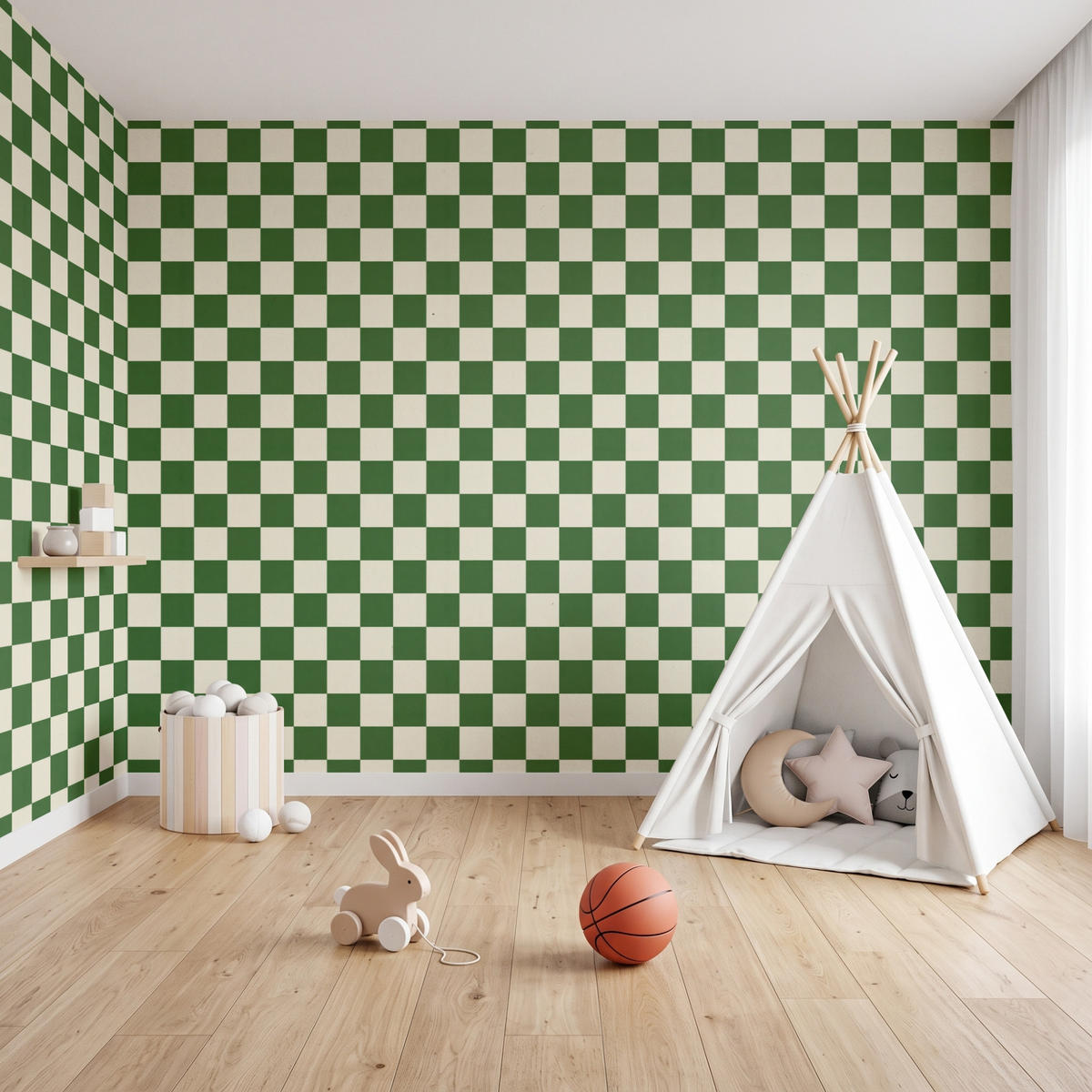 KINDERTAPETE - Schachbrett - Muster - Grün - 400x220 cm - Grün, Papier (400/220cm) - OnlyWow