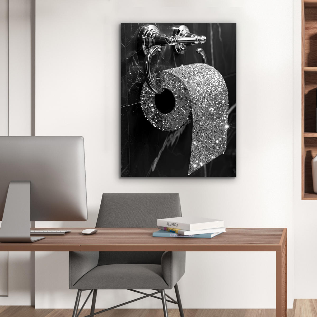 KOVOVÝ OBRAZ WC - toaletný papier - čiernobiely - trblietky 60x80 cm - strieborná, kov (60/80cm) - MuchoWow