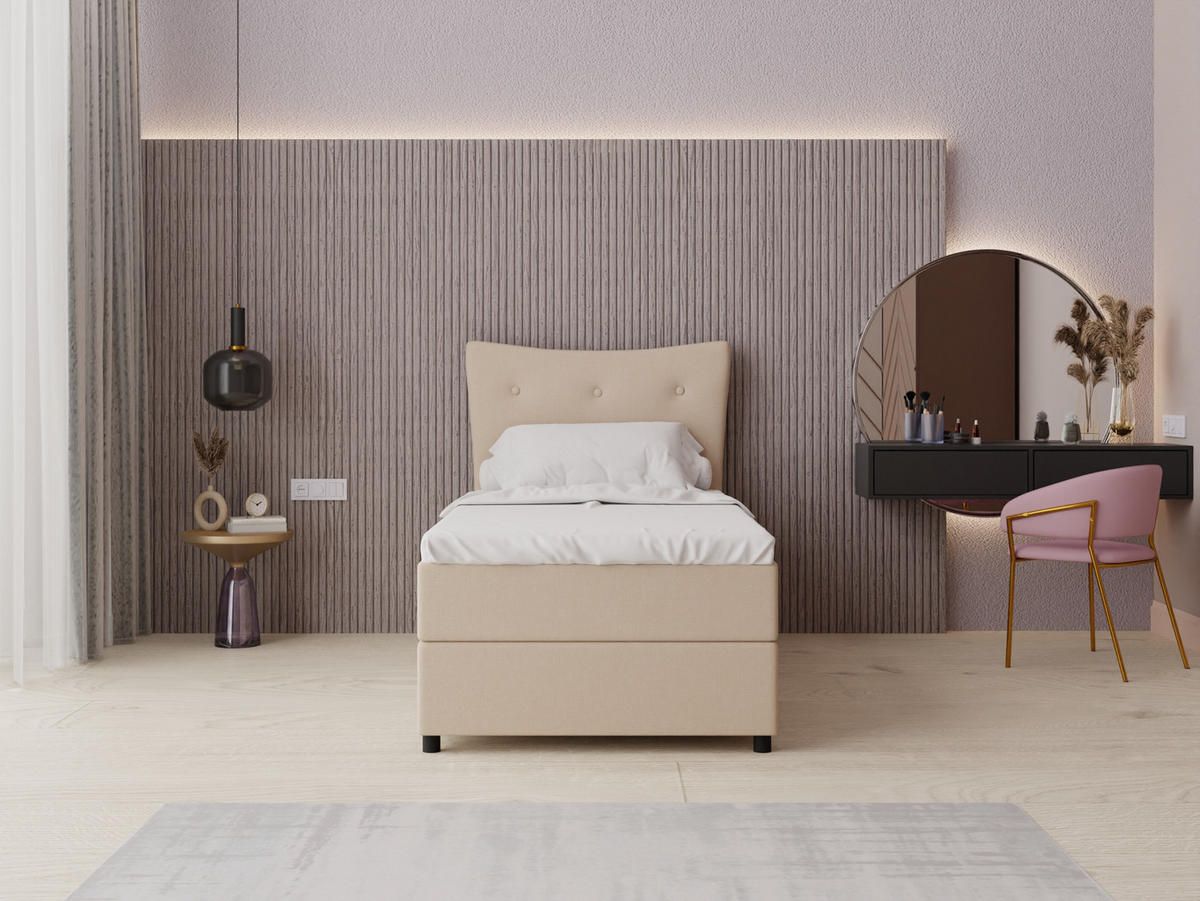 BOXBETT Nevada 100x200 cm Polsterbett mit hochwertiger Bonell-Matratze und Topper - beige - Beige, Holz (100/200cm) - Panda Möbel