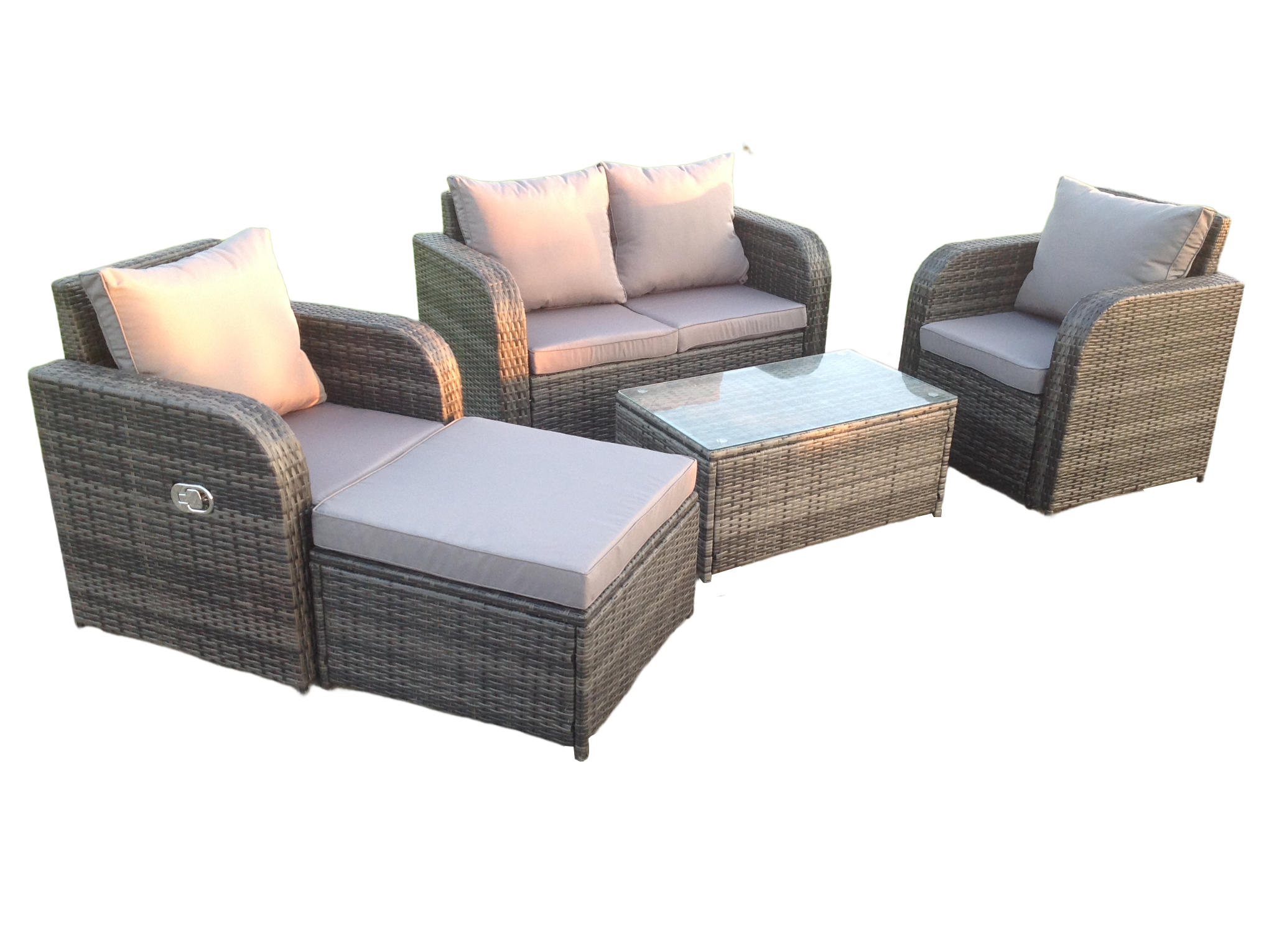 GARTENSET Polyrattan 5-Sitzer - Dunkelgrau/Grau, Glas/Kunststoff - Fimous