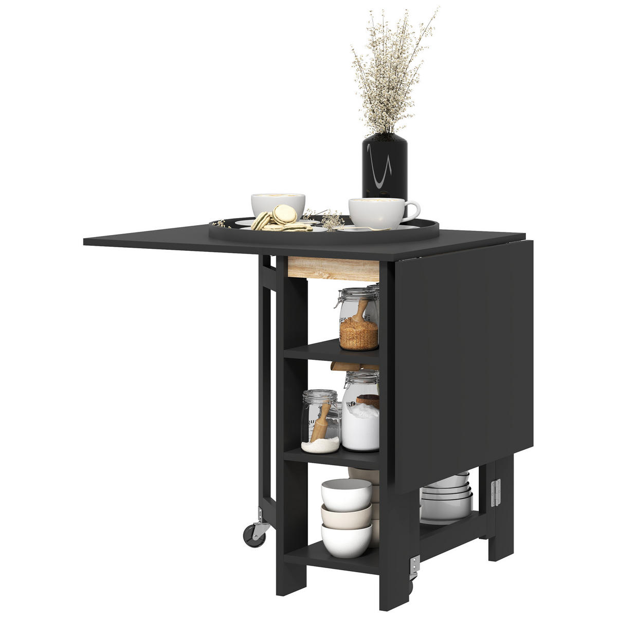 KLAPPTISCH DE-16516 2 Abattants, 3 Etagen, Rollen Schwarz - Schwarz, Holzwerkstoff (120/60/75cm) - ComfortXL