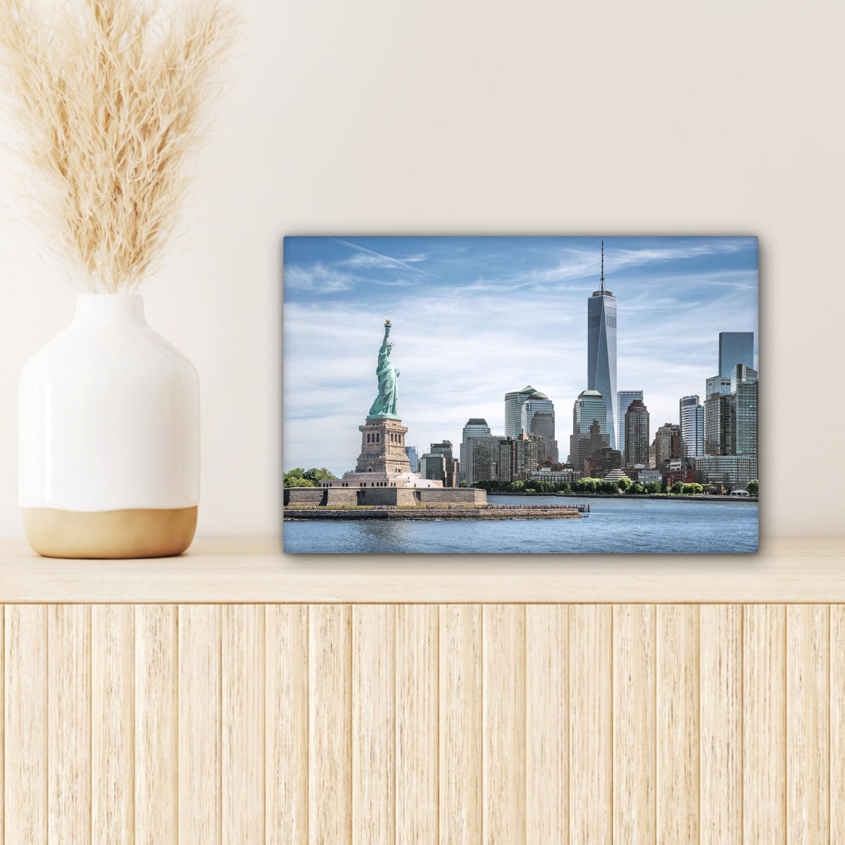 LEINWANDBILD New York - Freiheitsstatue - Wasser Deko Schlafzimmer 30x20 cm - Hellblau, Textil (30/20cm) - MuchoWow
