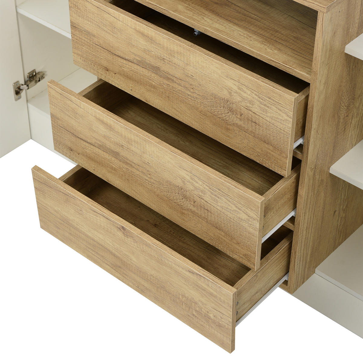 SIDEBOARD in Weiß Kommode mit LED-Lichteffekte für Wohnzimmer und Schlafzimmer, B140/T30/H77.5 cm - Weiß/Naturfarben, Holzwerkstoff/Metall (140/90.5/30cm) - STILVORA