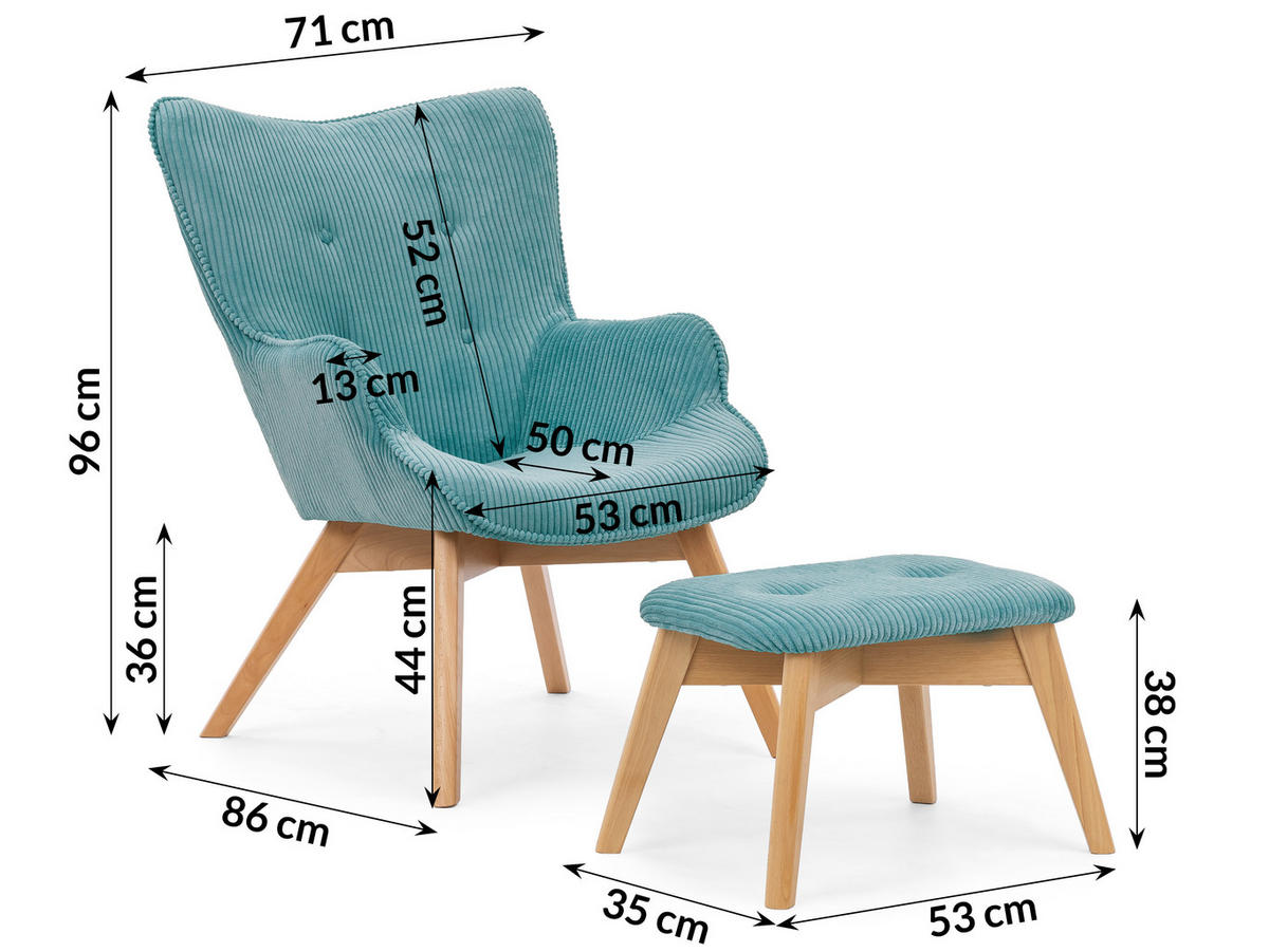 LOUNGESESSEL mit Fußhocker Lenari Türkis Cordstoff mit Füßen in Natur - Türkis/Naturfarben, Holz/Textil (71/96/86cm) - S-Style Möbel