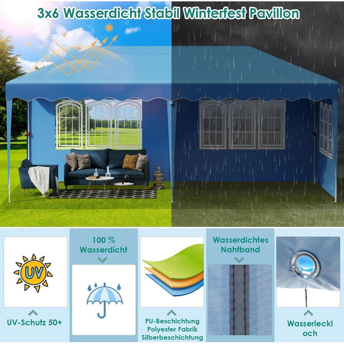 FALTPAVILLON 3x6 m mit 4 Seitenteilen und 6 Sandsäcken, wasserdicht, UV-Schutz 50+ - Blau, Textil (300/270/600cm)