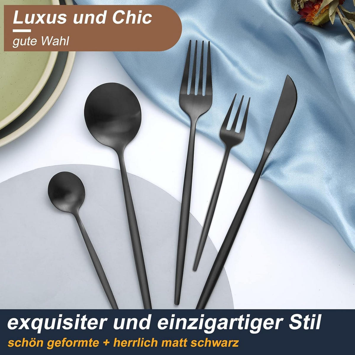 BESTECKSET 6 Personen 30-teilig Edelstahl, Spülmaschinenfest - Schwarz, Metall - Kaket