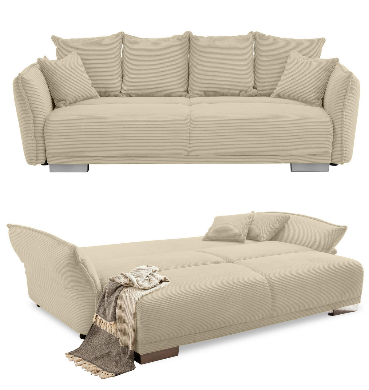 BIG-SOFA mit Schlaffunktion 242/131/90 cm Federkern, verstellbare Armlehnen, Bettkasten, Liegefläche 168x199 cm, Cord Beige Grau / 17215 - Chromfarben/Greige, Kunststoff/Textil (242/90/131cm) - luma-home
