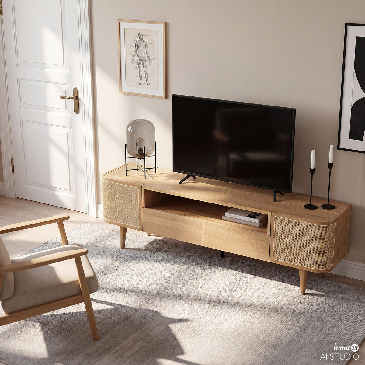 LOWBOARD mit 2 Türen - Rattan / Eiche teilmassiv - Beige, Eichenholz/Holz (180/55/40cm) - home24