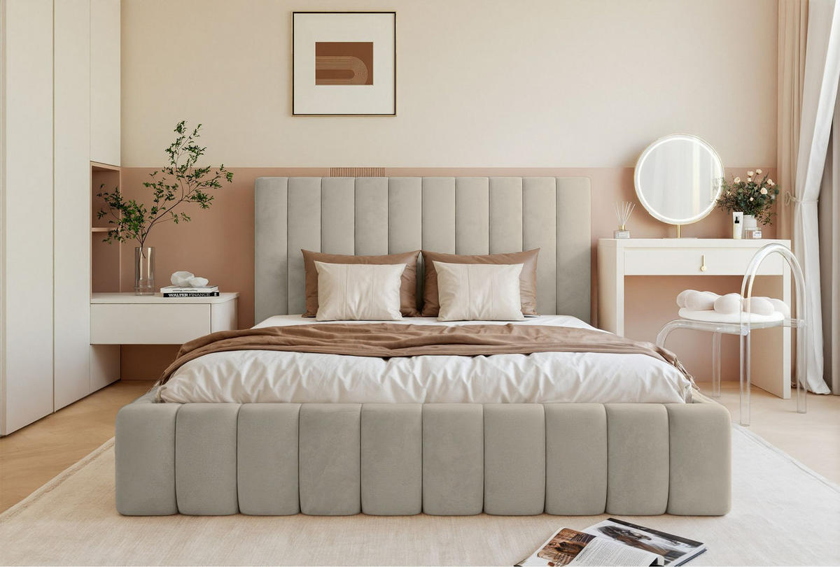 POLSTERBETT Fiarro Hellbeige, Velours, 180x200 cm - Ecru, Textil (180/200cm) - Selsey
