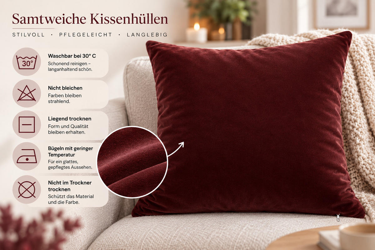 KISSENBEZUG 2er Set Bordeaux 50x50 Samt weich - Bordeaux, Textil (50/50cm) - TiborTex