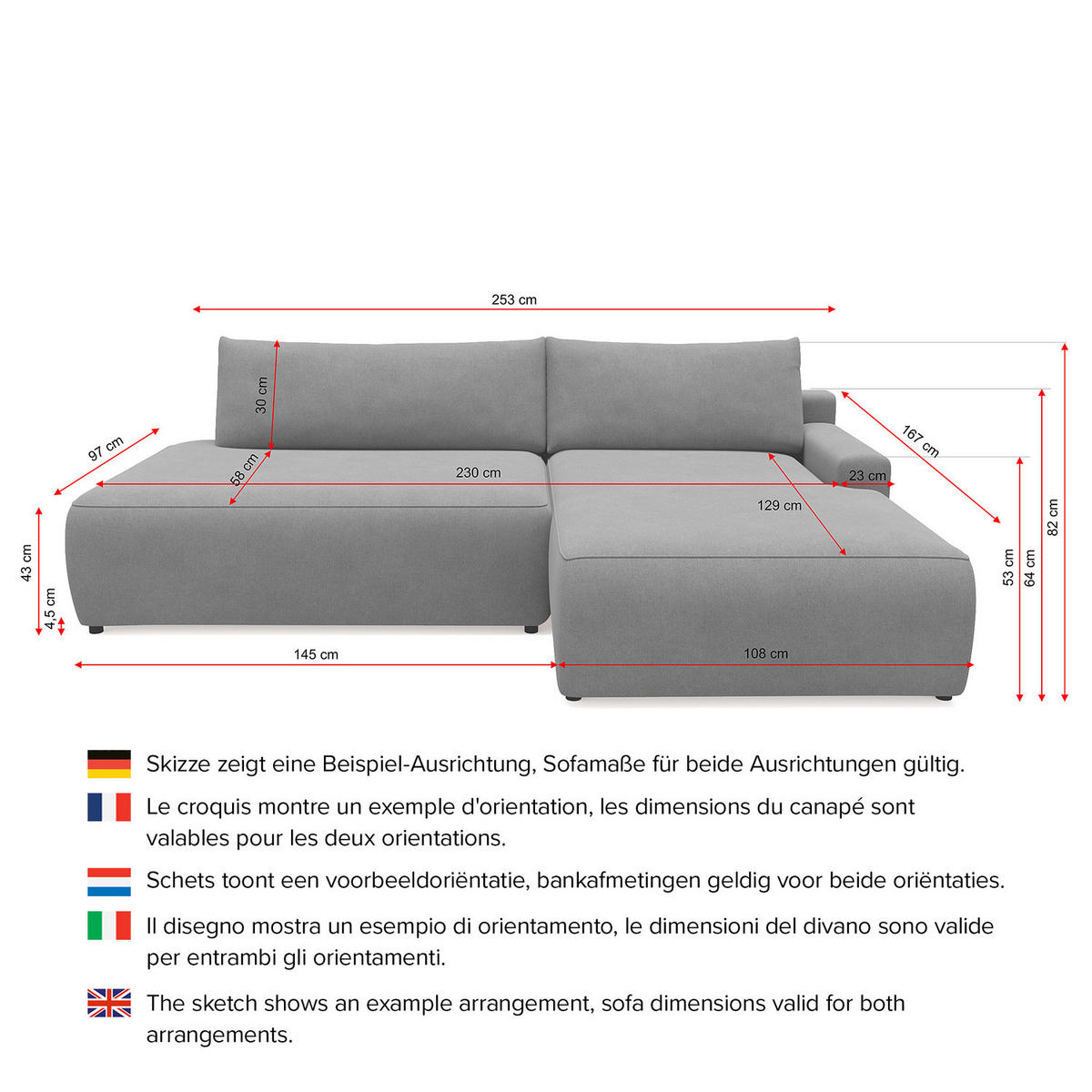 ECKSOFA mit Schlaffunktion - Longchair - Hellgrau/Schwarz, Kunststoff/Textil (253/167cm) - home24