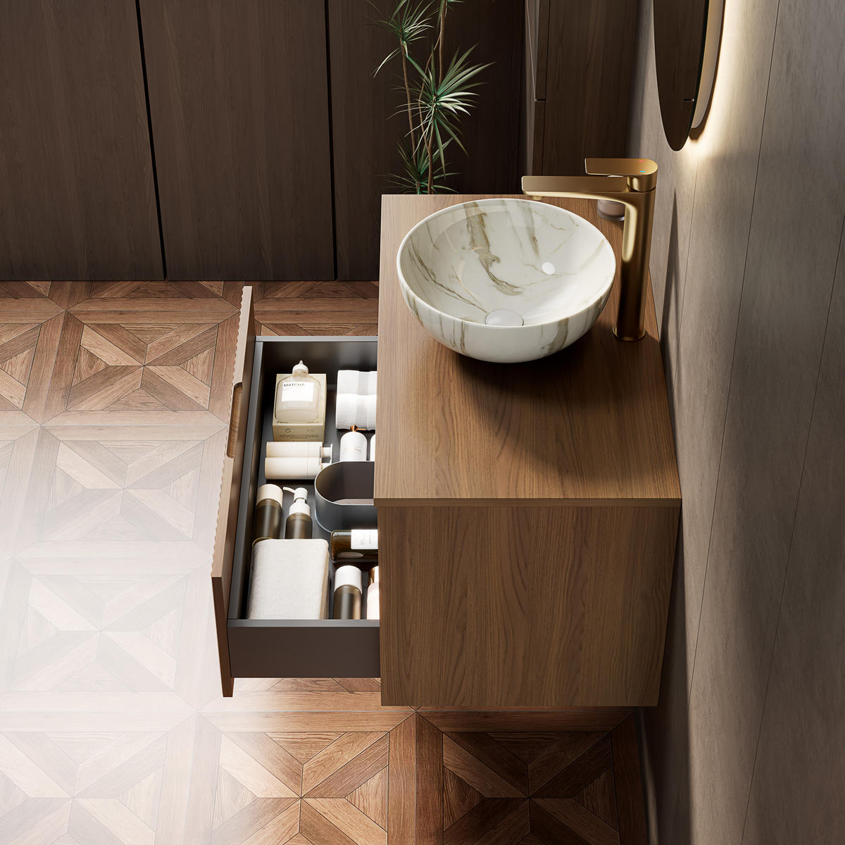 WASCHTISCHKOMBI 80x46x60.8cm in Braun mit Massivholzfront, Waschbecken & Sensor-LED - Braun, Keramik (80/60.8/46cm) - Modfu