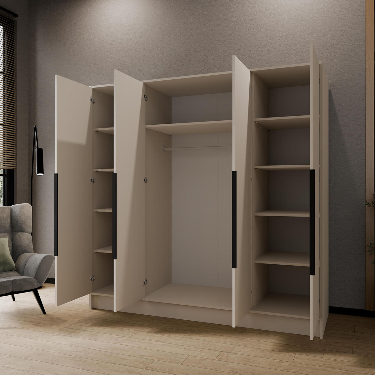 KLEIDERSCHRANK Mono Bis im Skandi-Stil, Drehtüren mit Schwarze Metallgriffe, Kaschmir 200/200/51 cm - Kaschmir, Holzwerkstoff (200/200/51cm) - WFL GROUP