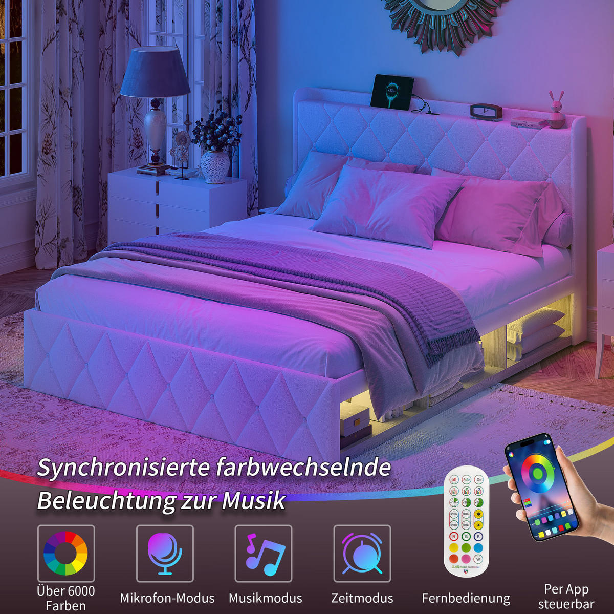 POLSTERBETT 140/200 cm aus Teddy mit LED-Beleuchtung, USB-Anschluss und 6 Schubladen Weiß - Ecru, Textil (140/200cm) - Modenvie