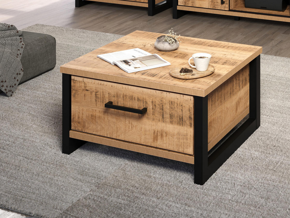 COUCHTISCH Mango, schwarz quadratisch 80 x 80 cm, Beistelltisch mit zwei Schubladen - Schwarz/Naturfarben, Holzwerkstoff/Kunststoff (80/80/45cm) - Top.Furn