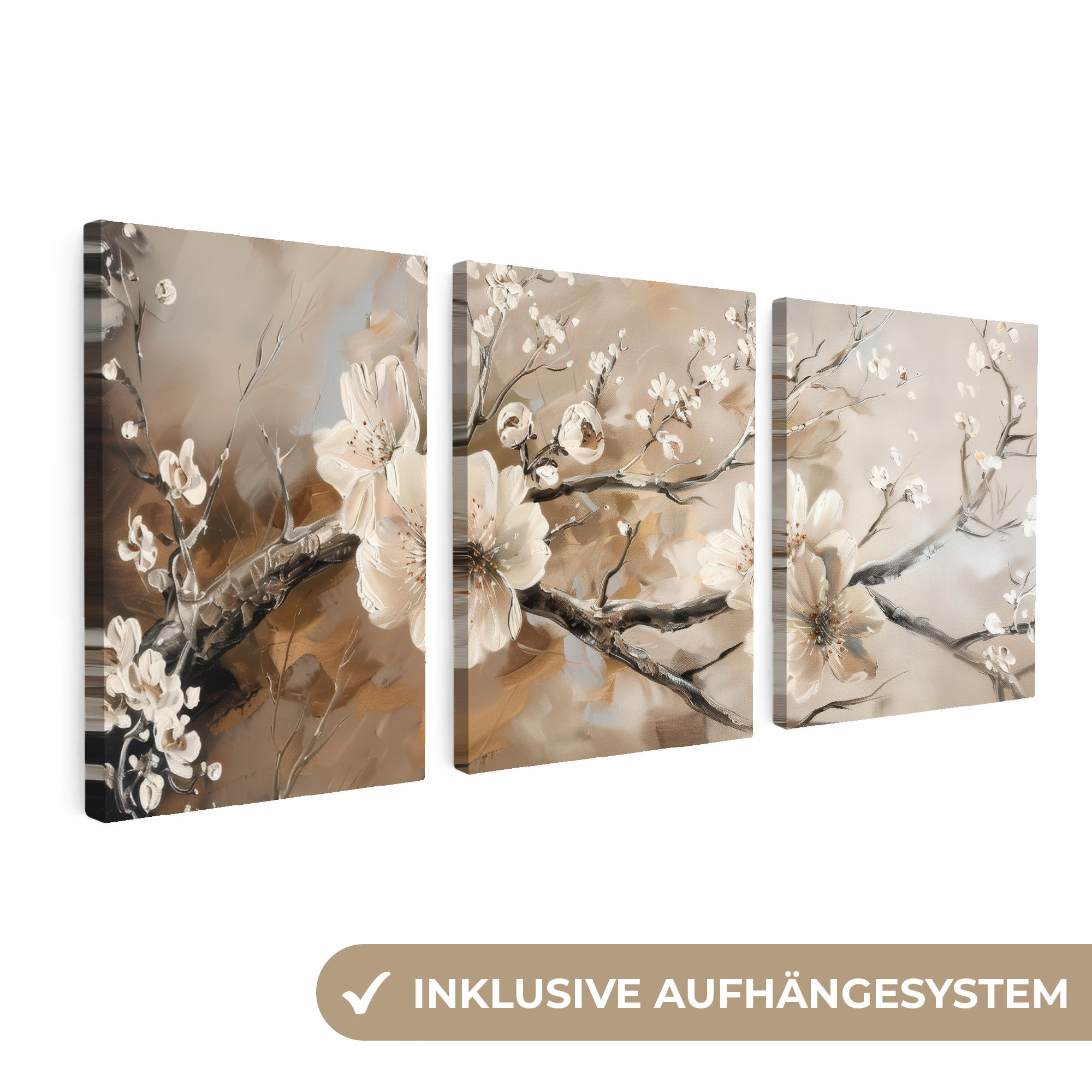 OBRAZ NA PLÁTNĚ 3dílná sada Květina - Béžová - Abstraktní - Květiny 90x40 cm - světle hnědá, textil (90/40cm) - MuchoWow