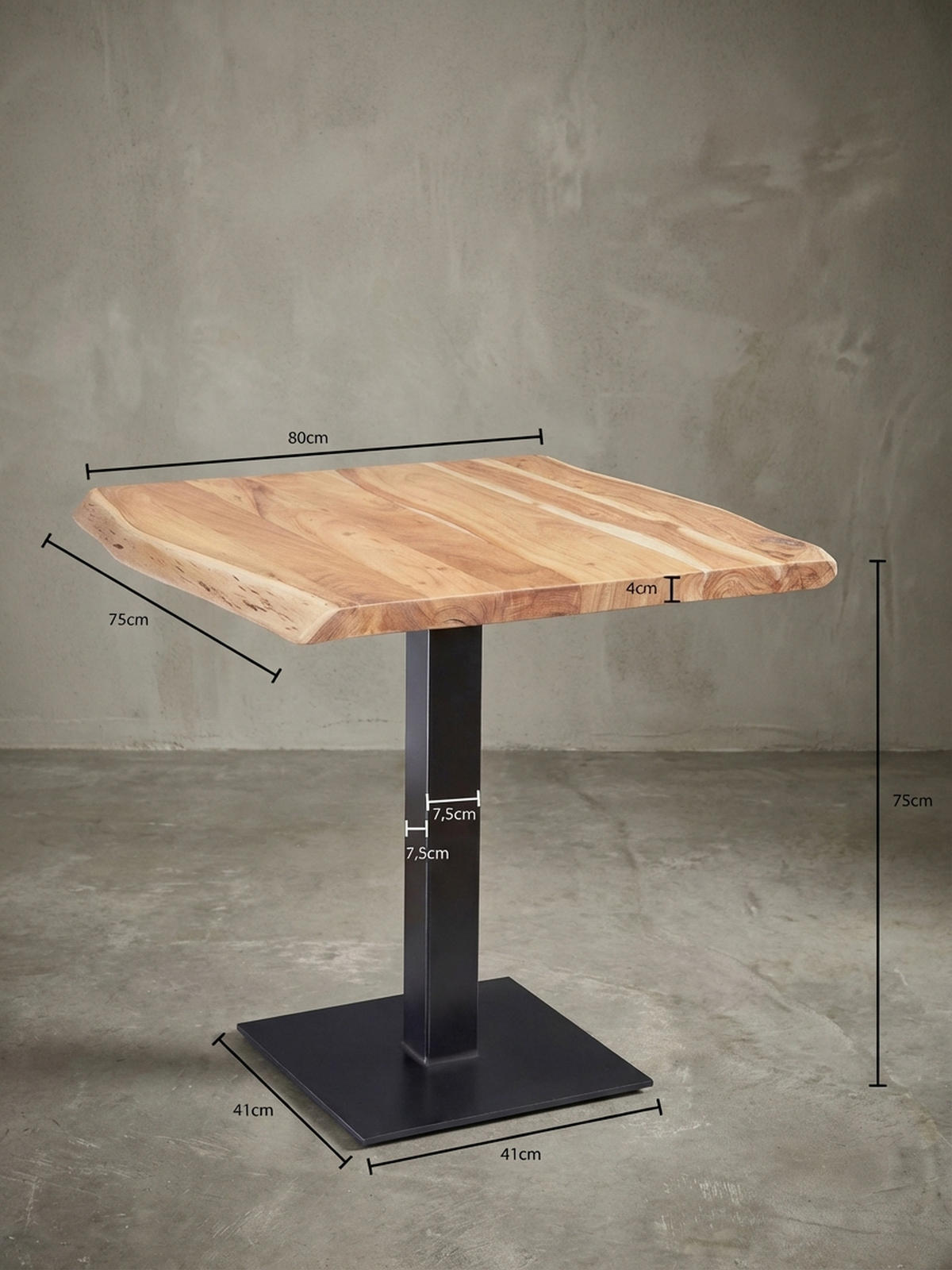 ESSTISCH – Massivholz quadratisch Baumkante Edelstahlfuß Unikat - Beige/Schwarz, Holz/Metall (75/80/75cm) - KADIMA DESIGN