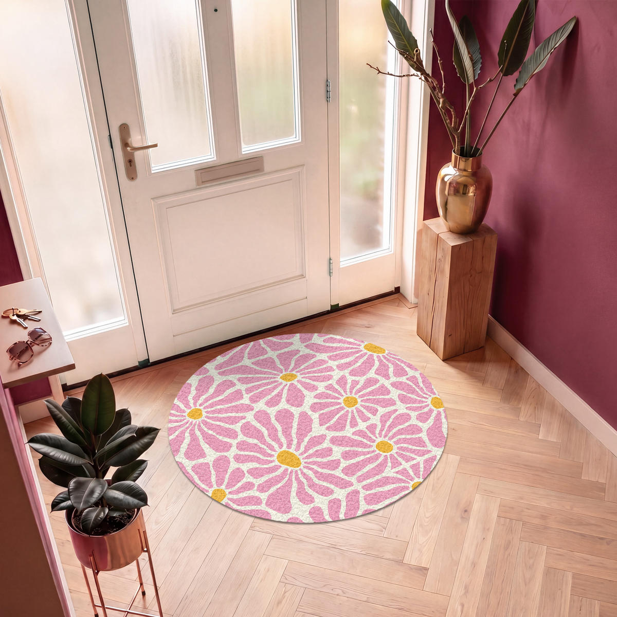 FUSSMATTE Blumen - Muster - Rosa - Beige - Orange Sauberlaufmatte 120x120 cm - Rosa, Kunststoff (120/120cm) - MuchoWow
