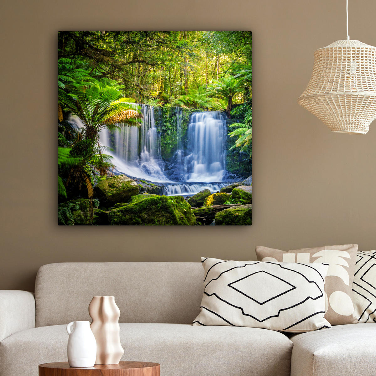 LEINWANDBILD Dschungel - Wasserfall - Australien - Pflanzen - Natur 90x90 cm - Dunkelgrün, Textil (90/90cm) - MuchoWow