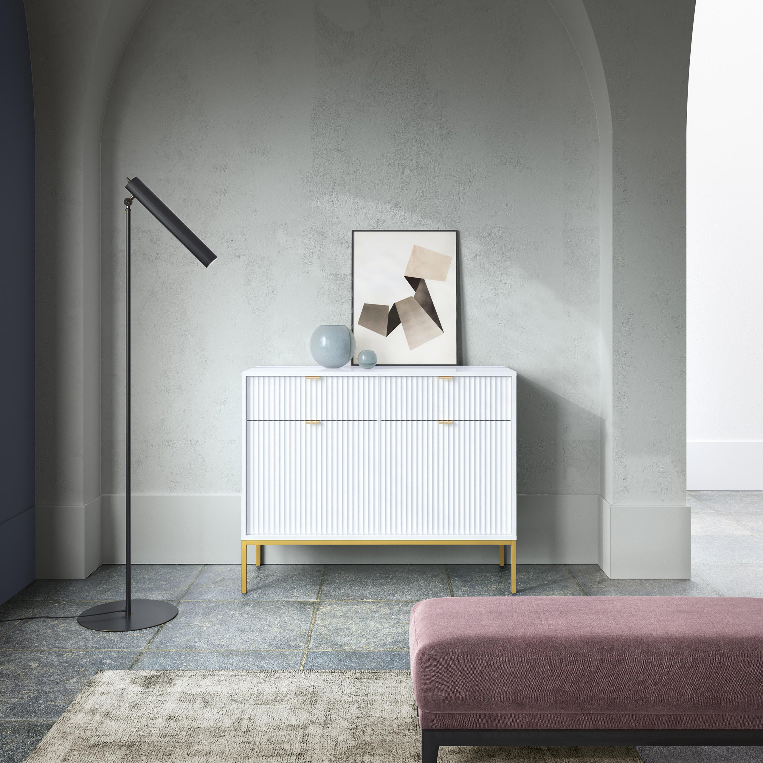 KOMMODE STELLARE 104/83/39 cm mit 2 Schubladen 2 Türen Weiß - Goldfarben/Weiß, Holzwerkstoff (104/83/39cm) - MASSENO