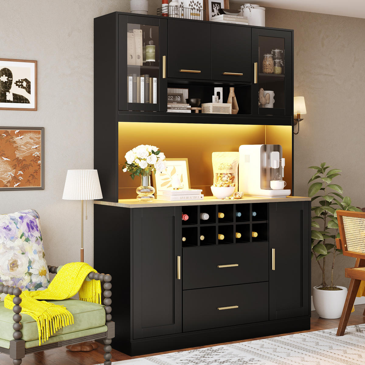 KÜCHENSCHRANK 120x36.3x180Cm LED Steckdose 6 Türen - Schwarz, Metall (120/180/36.3cm) - FLIEKS