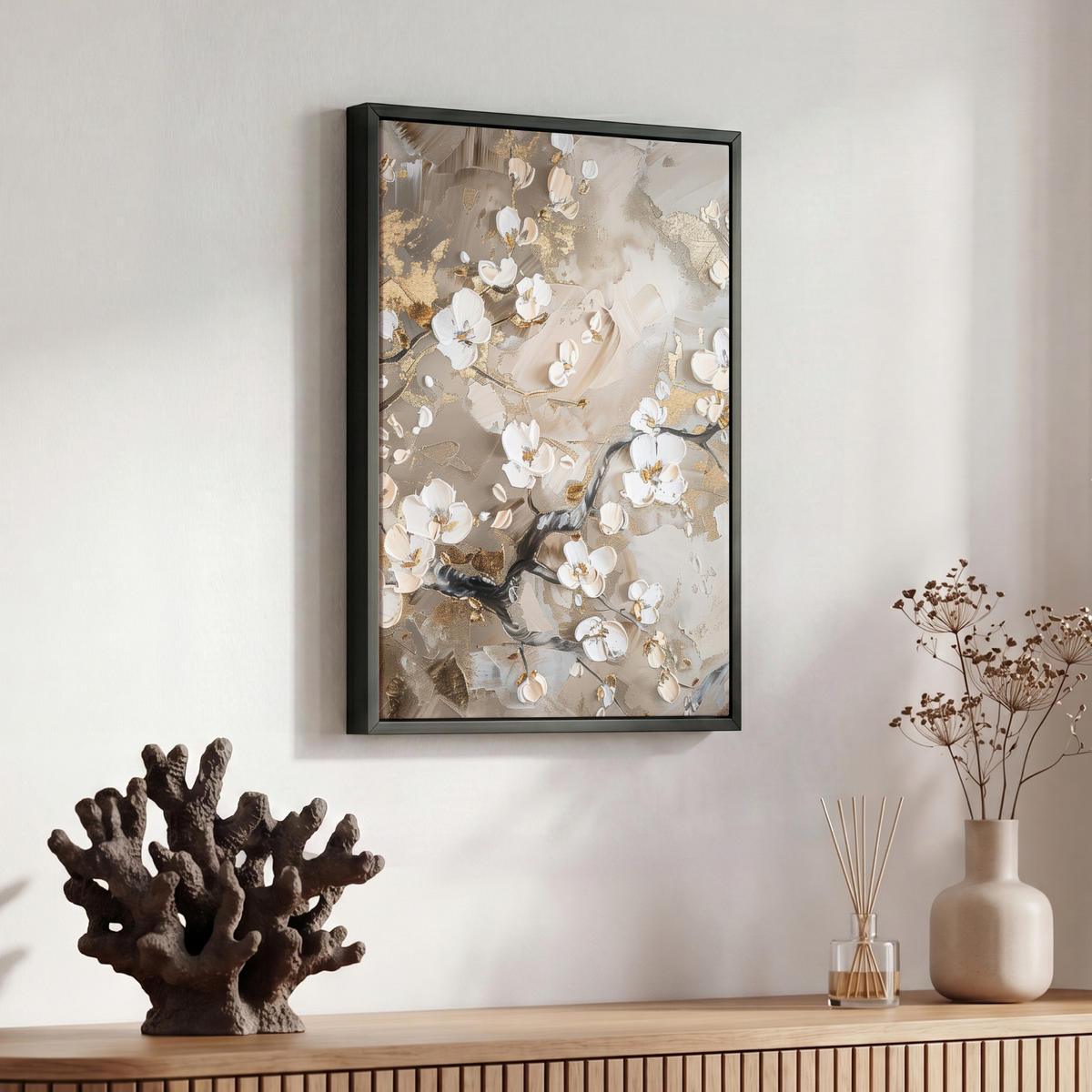 LEINWAND Bilder mit Rahmen - Blumen - Weiß - Gold - Beige - Luxus - 30x40 - Greige, Textil (30/40cm) - MuchoWow