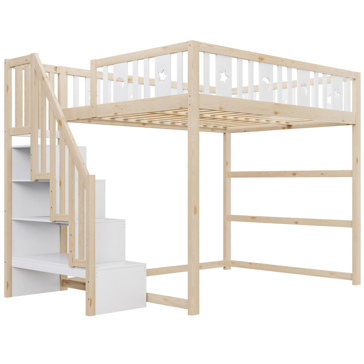 HOCHBETT 140/200 cm aus Massivholz mit Treppe und Regalen Weiß/Natur - Naturfarben, Holz (140/200cm) - Modenvie