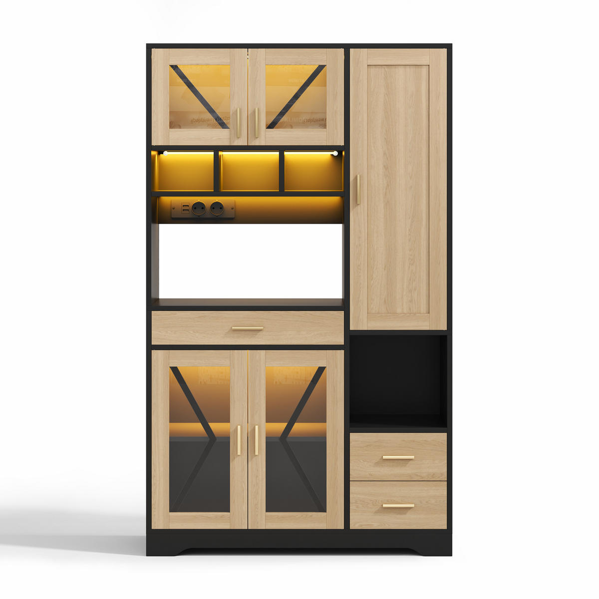 BUFFET 105/39/185 cm Natürlich mit farbwechselnder LED-Beleuchtung und 2 Schublade - Schwarz, Holz (105/185/40cm) - Oxeza