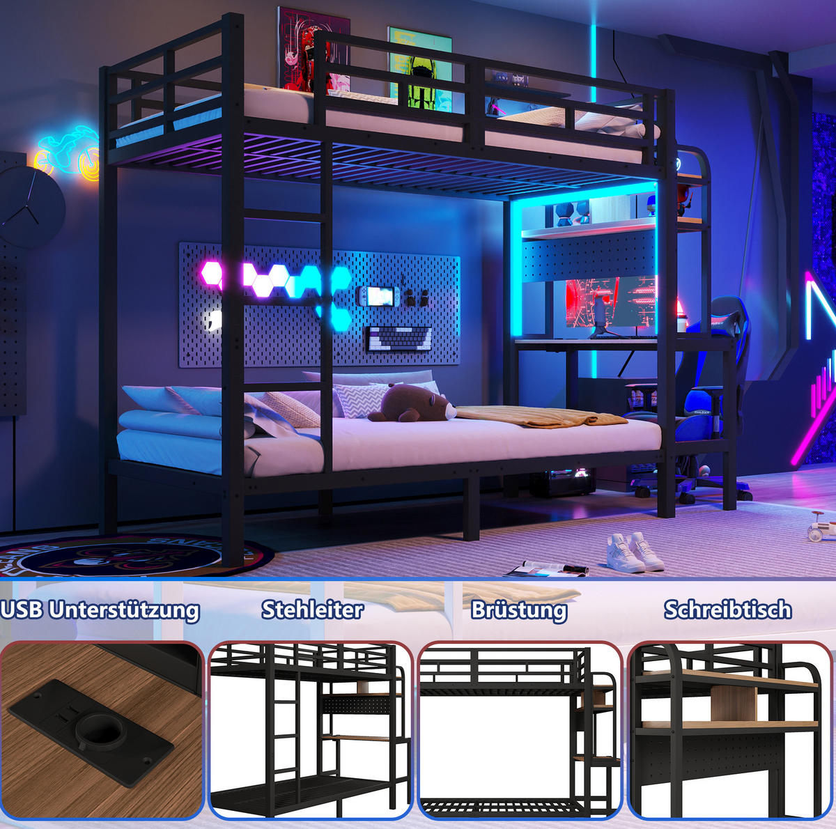 ETAGENBETT 90/200 cm aus Metall mit Schreibtisch, LED-Lichtleiste, Schwarz - Schwarz, Metall (90/200cm) - OKMYHOME