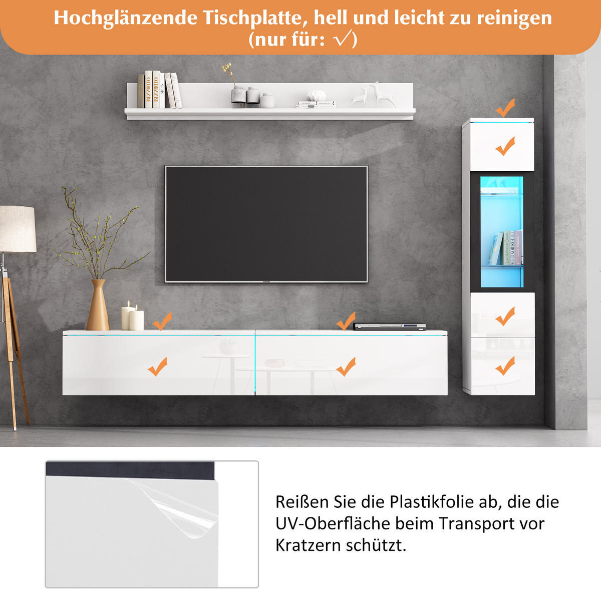 WOHNWAND-SET in Weiß mit LED Beleuchtung für Wohnzimmer, B180/T30/H130 cm - Weiß, Glas/Holzwerkstoff (180/30/33cm) - STILVORA