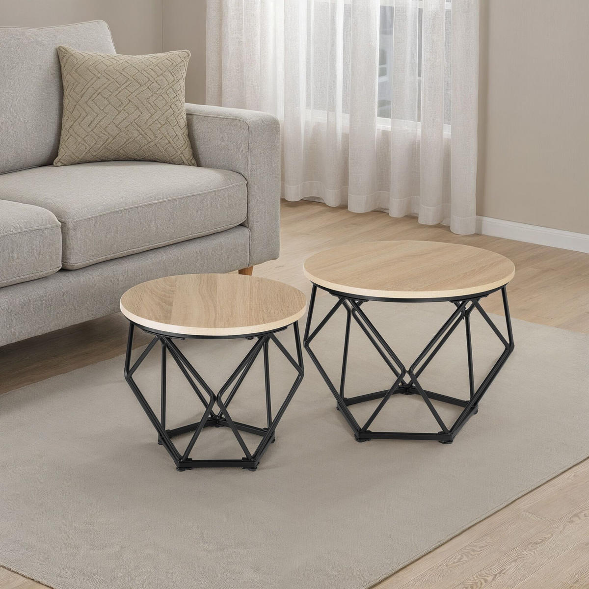 COUCHTISCH 2er Set Benham, mit höhenverstellbaren Kunststofffüßen, Industrial Holz hell, Eiche Sonoma - Naturfarben, Holzwerkstoff (50/50/40cm) - tectake