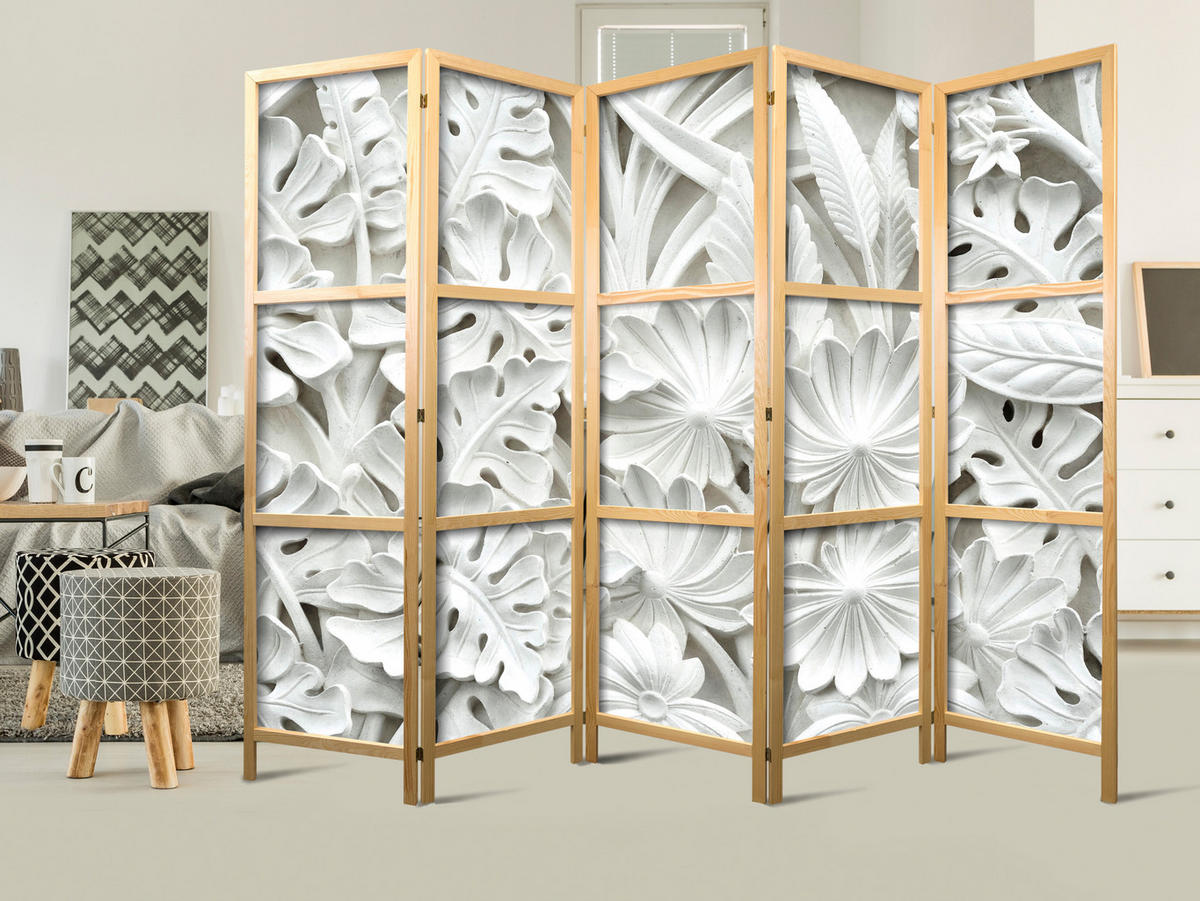PARAVENT Japanischer 5-tlg 225x172 cm Wei e Bl tter 3D - Grau, Holz/Textil (225/172/3cm) - Muralo