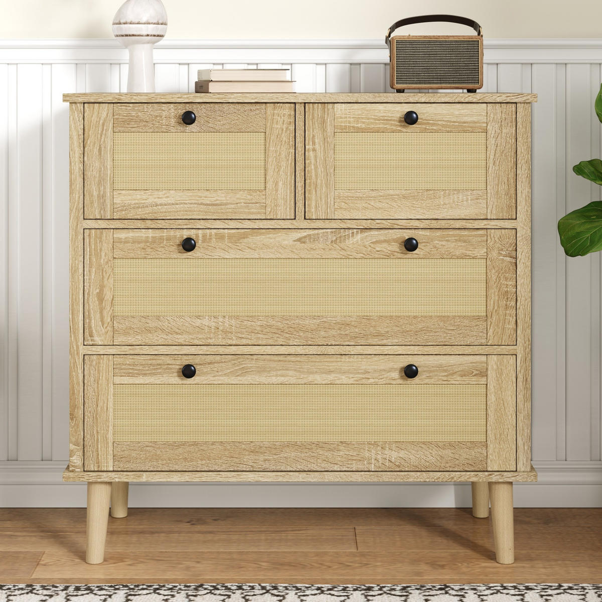 KOMMODE 80/40/80 cm mit 4 Schubladen und Rattanfronten - Naturfarben, Holzwerkstoff (80/80/40cm) - BEAOK