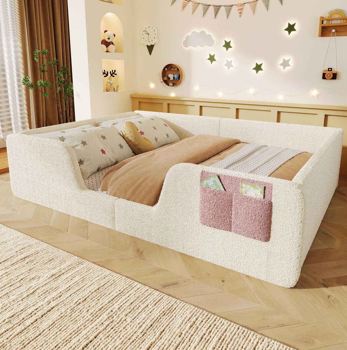 KINDERBETT Polsterbett 140/190 cm aus Samt und MDF mit abnehmbaren Seitengittern Beige - Beige, Textil (140/190cm) - Modenvie