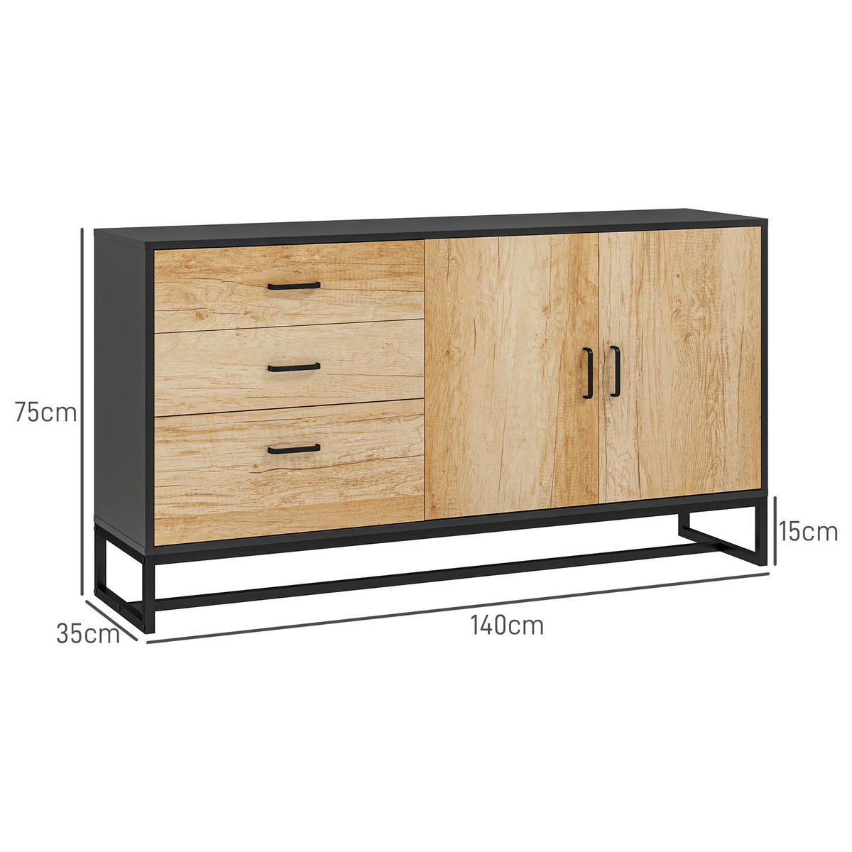 SIDEBOARD DE-11119 3 Schubladen & verstellbarer Boden Weiß - Naturfarben, Holzwerkstoff (140/75/35cm) - ComfortXL