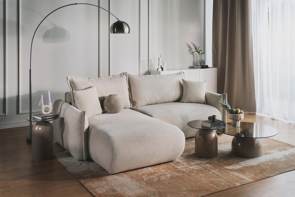 ECKSOFA Cushi Hellbeige-Chenille - Ecru/Schwarz, Kunststoff/Textil (252/183cm) - Selsey