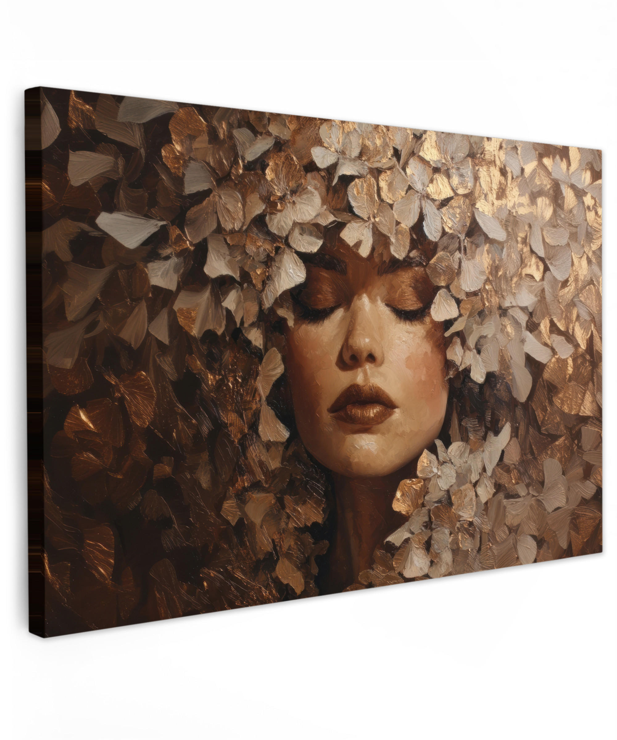 LEINWANDBILD Gesicht - Dame - Blätter - Pinselstriche XXL 150x100 cm - Goldfarben, Textil (150/100cm) - MuchoWow